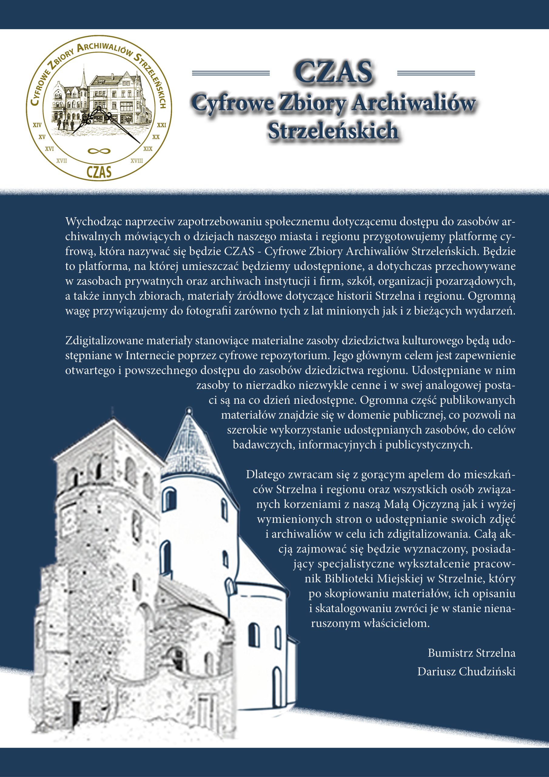 Plakat informujący czym jest CZAS - Cyfrowe Zbory Archiwaliów Strzeleńskich