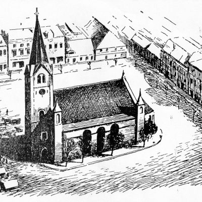 Rynek. Rysunek nieznanego autora z kramami jarmarcznymi przed zborem ewangelickim (ok. 1910 r.) kopia