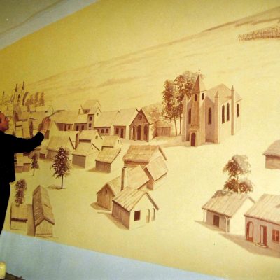 Strzelno. Panorama miasta Strzelna malowana przez Jana Sulińskiego na ścianie Domu Kultury przy ul. Sportowej (2001 r.)