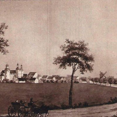 Strzelno. Widok miasta od strony północnego wjazdu - drogi z kierunku Bławaty-Ciechrz-Inowrocław. Gwasz Karola Albertiego z ok. 1790 r. w zbiorach Muzeum Narodowego w Poznaniu.